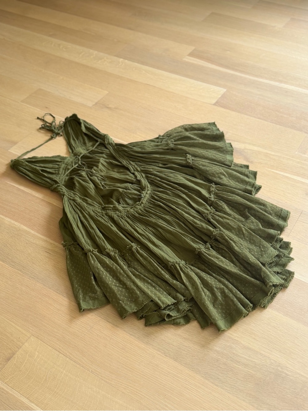 Free People Size Large Olive Green Halter Mini Dress Boho Hippie Cotton V Neck - Picture 13 of 16